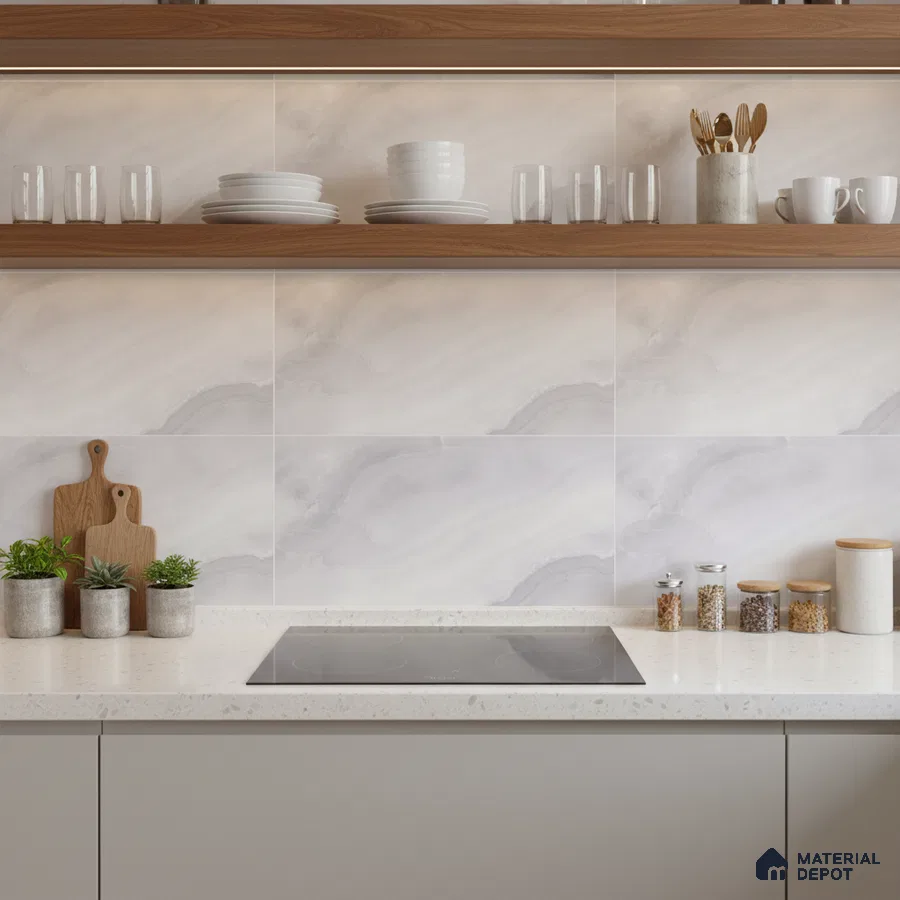 Modern kitchen with white marble-look wall tiles, white quartz countertop, and natural wood open shelves
