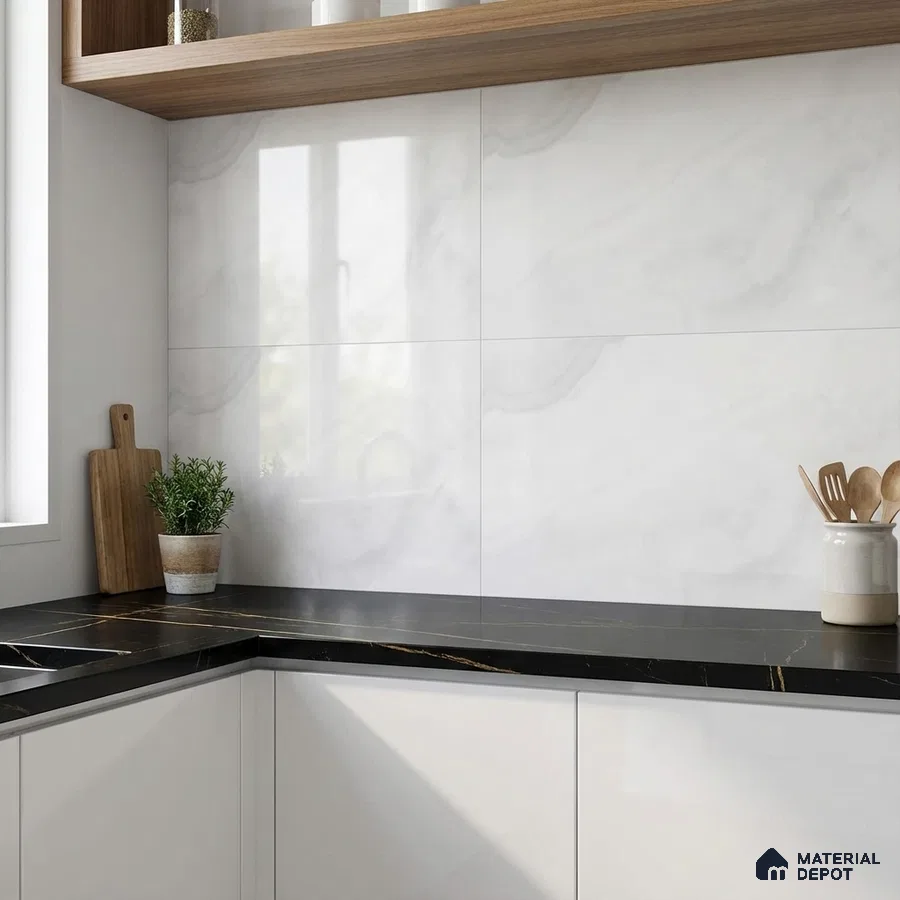 Modern kitchen with white marble-look backsplash tile, black marble countertop, and frosty white laminate cabinets