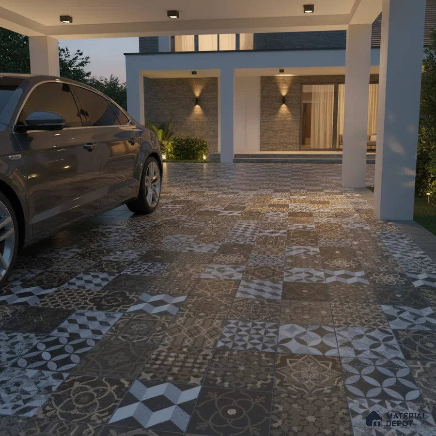 Modern parking with patterned geometric and floral outdoor floor tiles
