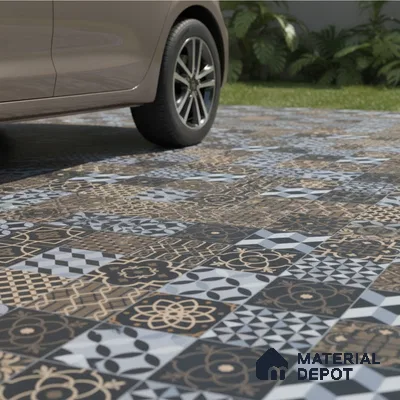 Modern parking with black and beige geometric patterned parking tiles