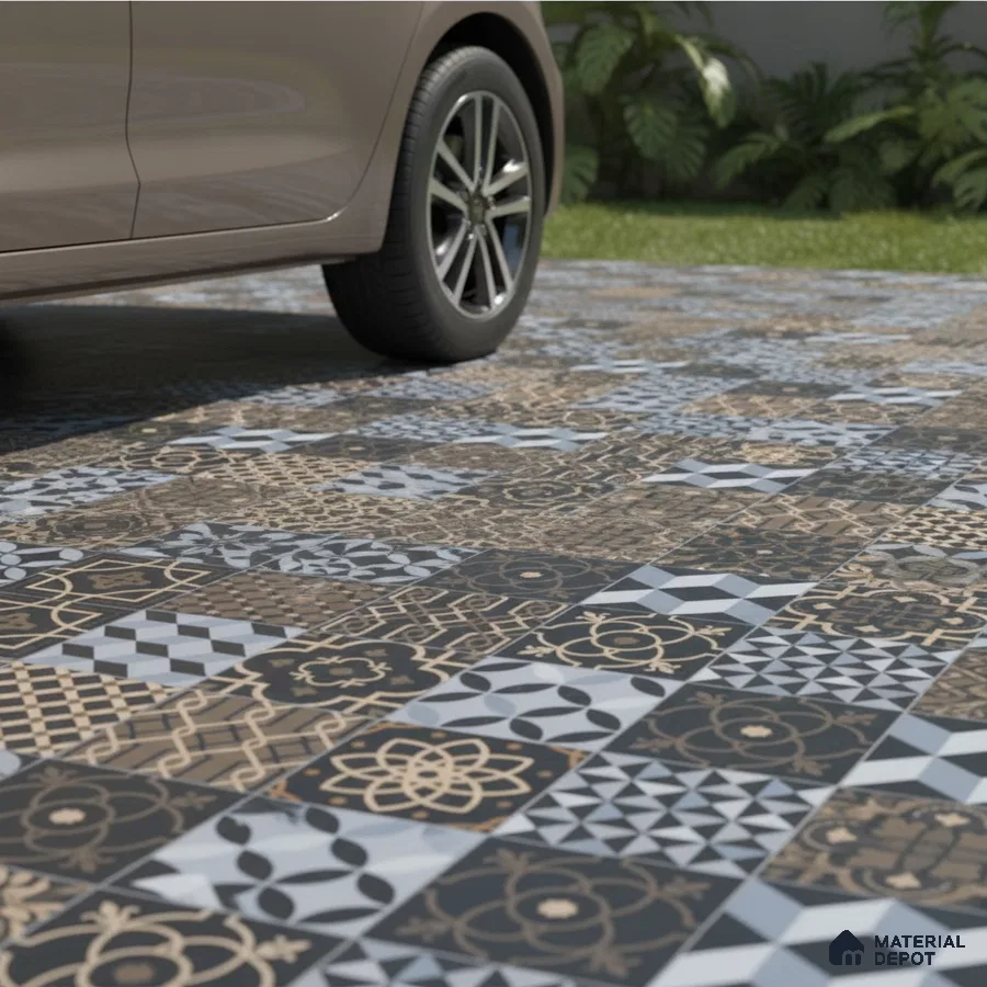 Modern parking with black and beige geometric patterned parking tiles