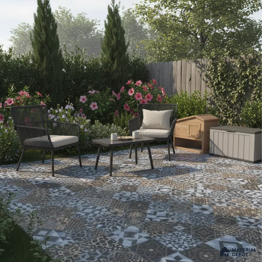 Eclectic outdoor patio with patterned moroccan floor tiles and black wicker furniture