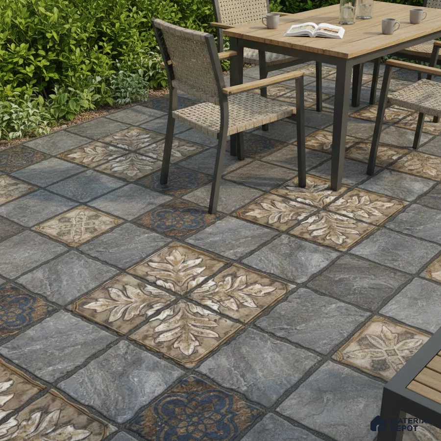Mediterranean outdoor space with patterned stone tiles and rustic dining set