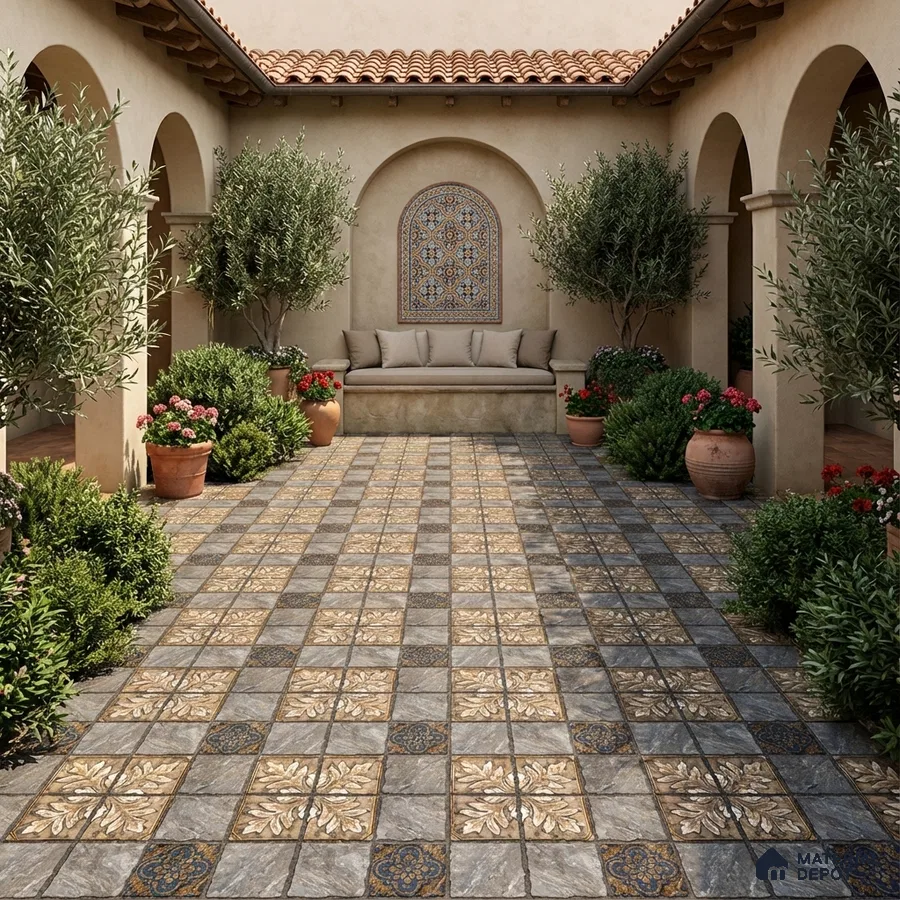 Mediterranean outdoor courtyard with patterned ceramic floor tiles and terracotta planters