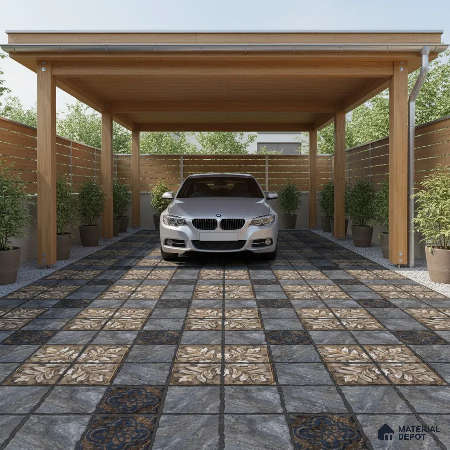 Modern parking with patterned ceramic floor tiles and wooden pergola structure