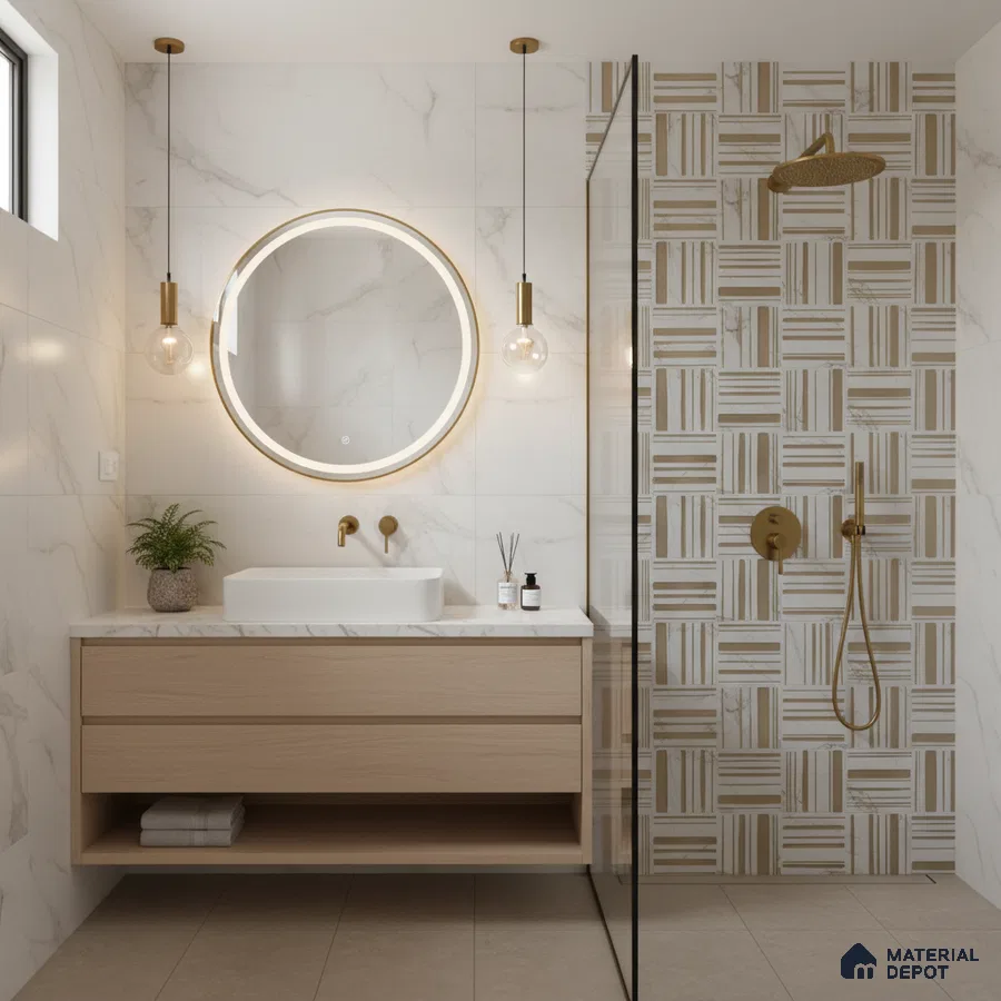 Modern bathroom with marble wall tiles, beige geometric highlighter shower wall, and light wood floating vanity
