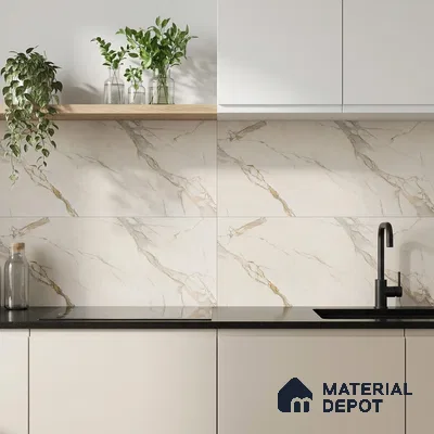 Modern kitchen with white marble-look backsplash tile, matte white laminate cabinets, and black quartz countertop