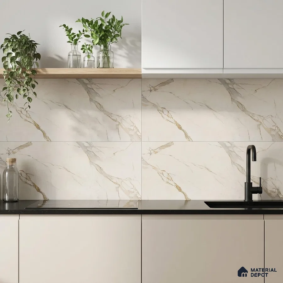 Modern kitchen with white marble-look backsplash tile, matte white laminate cabinets, and black quartz countertop