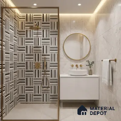 Modern bathroom with black-and-white geometric wall tiles and beige marble-look wall tiles