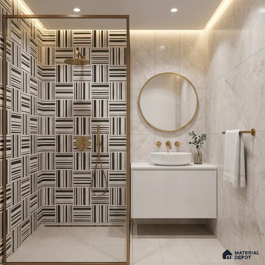 Modern bathroom with black-and-white geometric wall tiles and beige marble-look wall tiles