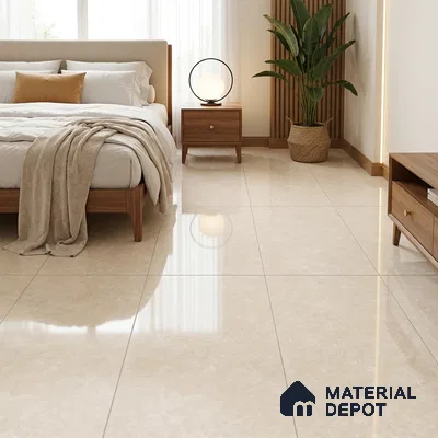 Modern Bedroom with Cream Stone-Look Glossy Floor Tile