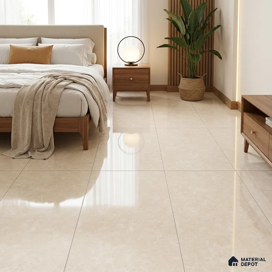 Modern Bedroom with Cream Stone-Look Glossy Floor Tile