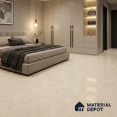 Minimalist Bedroom with Cream Stone-Look Matte Floor Tile