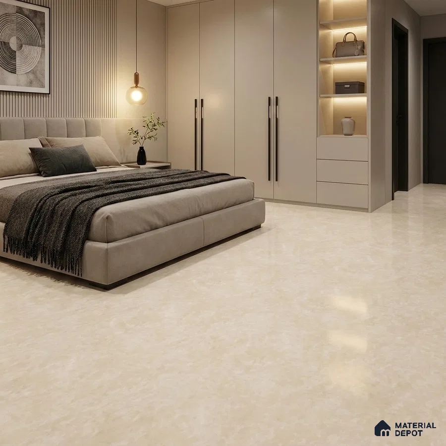 Minimalist Bedroom with Cream Stone-Look Matte Floor Tile