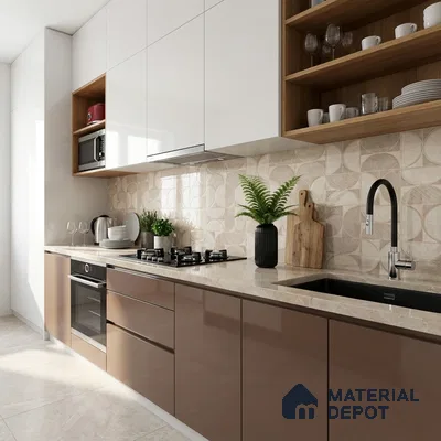 Modern kitchen with glossy brown laminate, frosty white laminate, beige geometric backsplash tile, and beige quartz countertop