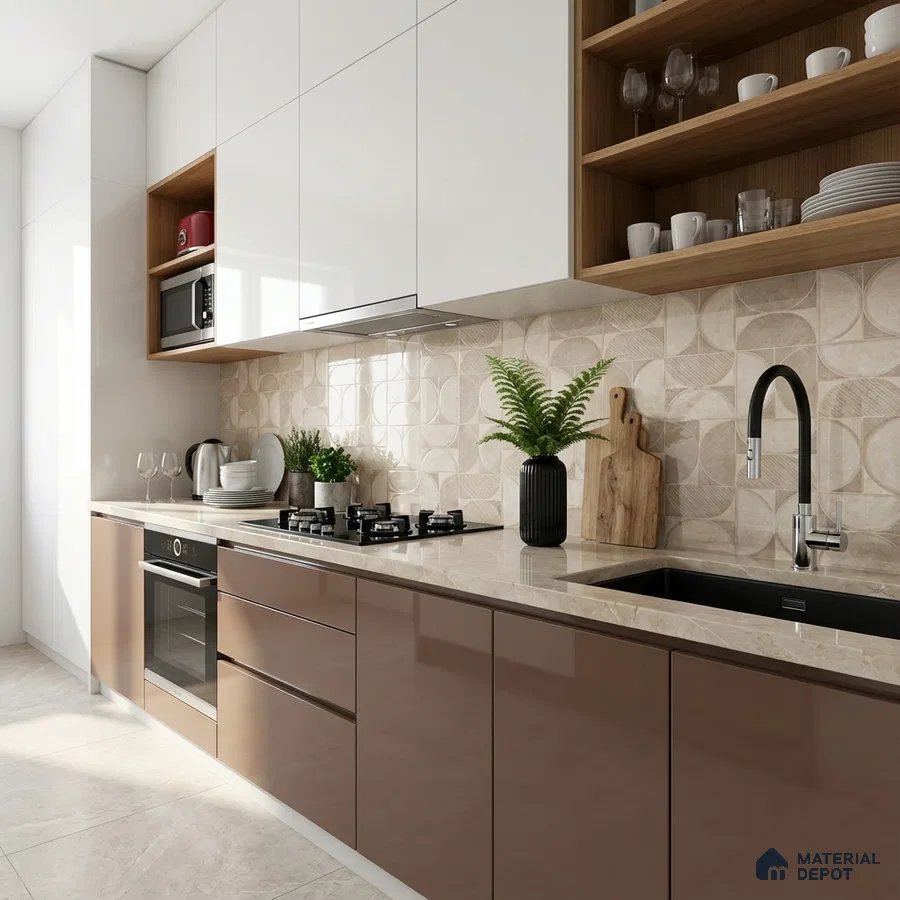 Modern kitchen with glossy brown laminate, frosty white laminate, beige geometric backsplash tile, and beige quartz countertop