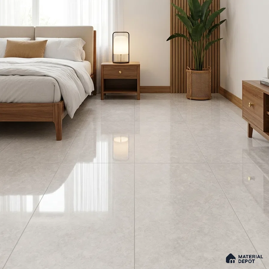 Modern Bedroom with Frosty White Stone-Look Glossy Floor Tile
