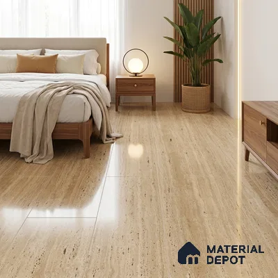 Modern Bedroom with Beige Travertine-Look Glossy Floor Tile