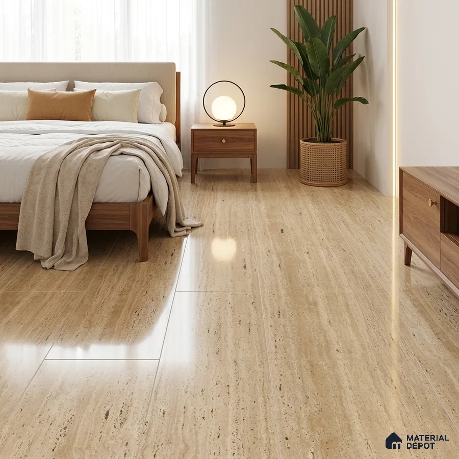 Modern Bedroom with Beige Travertine-Look Glossy Floor Tile