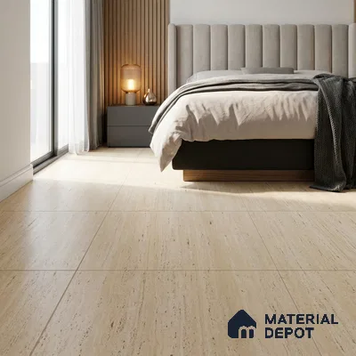 Minimalist Bedroom with Cream Travertine-Look Matte Floor Tile