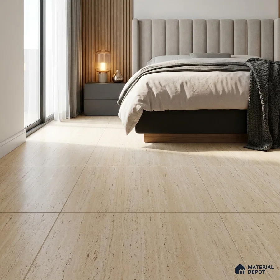 Minimalist Bedroom with Cream Travertine-Look Matte Floor Tile