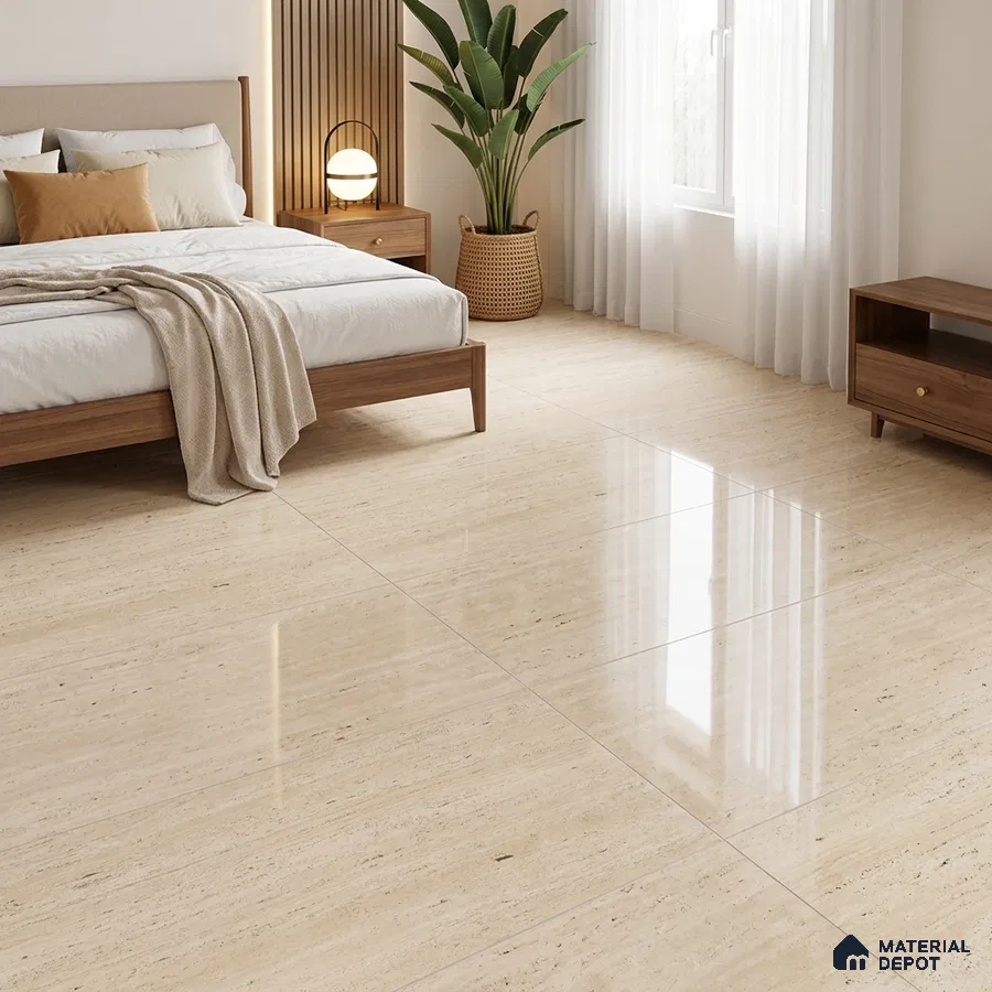 Modern Bedroom with Cream Travertine-Look Glossy Floor Tile
