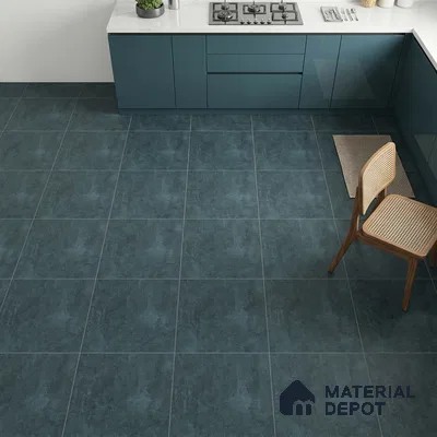 Modern kitchen with teal blue laminate cabinets, white marble countertop, and matte blue stone-look floor tiles