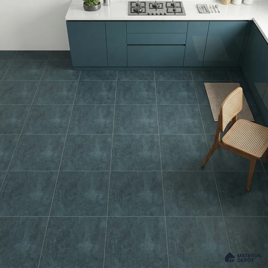Modern kitchen with teal blue laminate cabinets, white marble countertop, and matte blue stone-look floor tiles