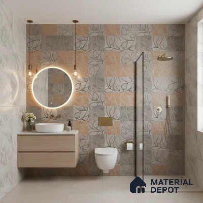 Modern bathroom with beige and grey patterned wall tiles, marble-look wall tiles, and floating wood vanity
