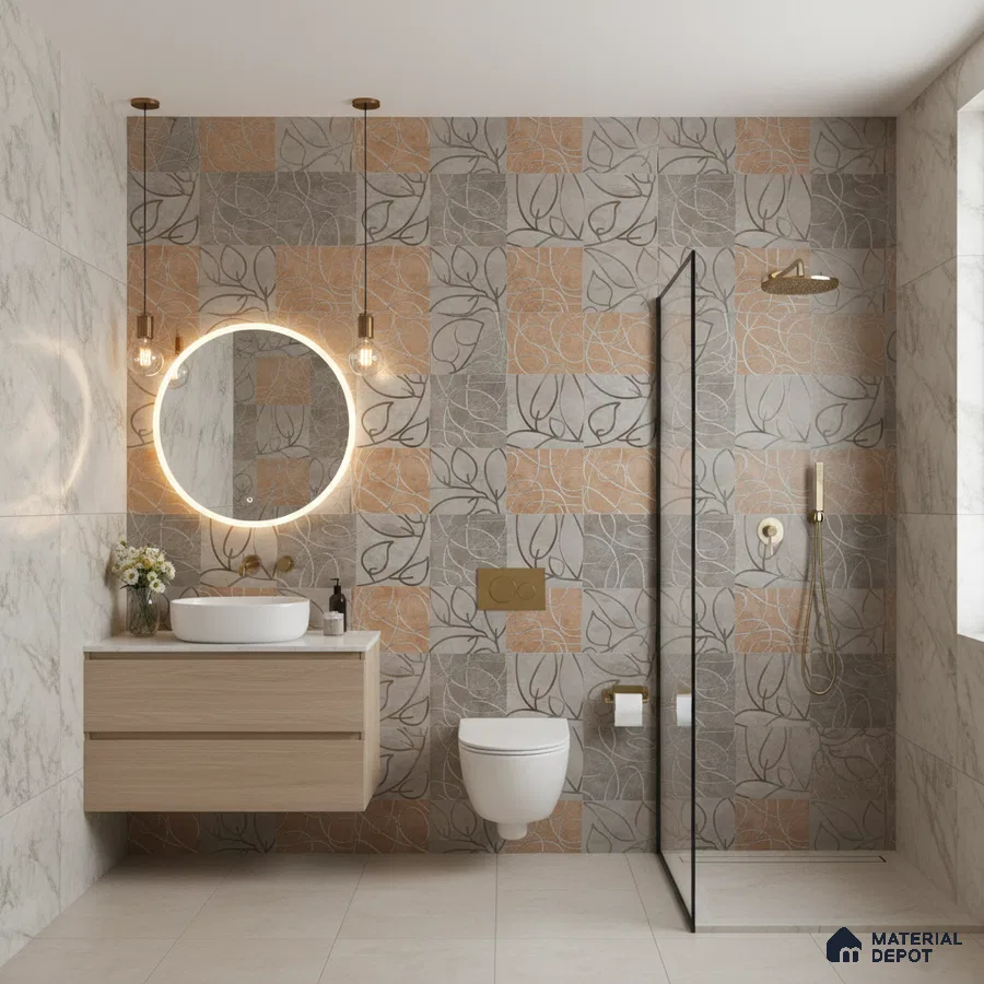 Modern bathroom with beige and grey patterned wall tiles, marble-look wall tiles, and floating wood vanity