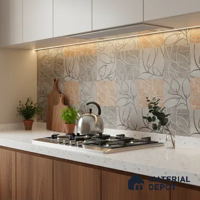 Modern kitchen with terrazzo countertop, walnut laminate cabinets, and leaf-patterned beige and grey backsplash tiles