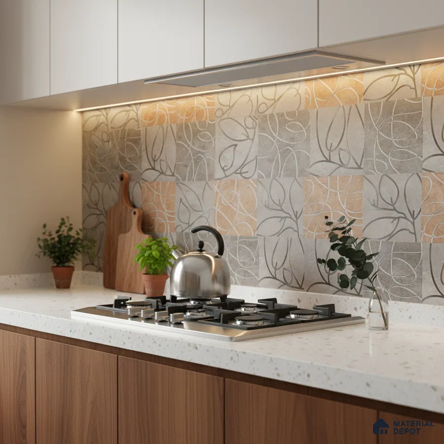 Modern kitchen with terrazzo countertop, walnut laminate cabinets, and leaf-patterned beige and grey backsplash tiles