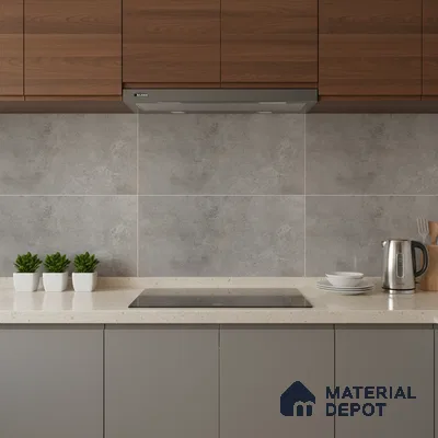 Modern kitchen with walnut wood laminate, grey stone-look backsplash tile, and beige quartz countertop