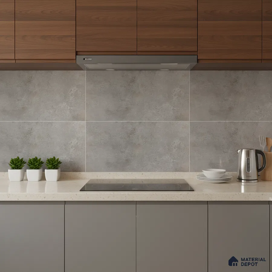 Modern kitchen with walnut wood laminate, grey stone-look backsplash tile, and beige quartz countertop