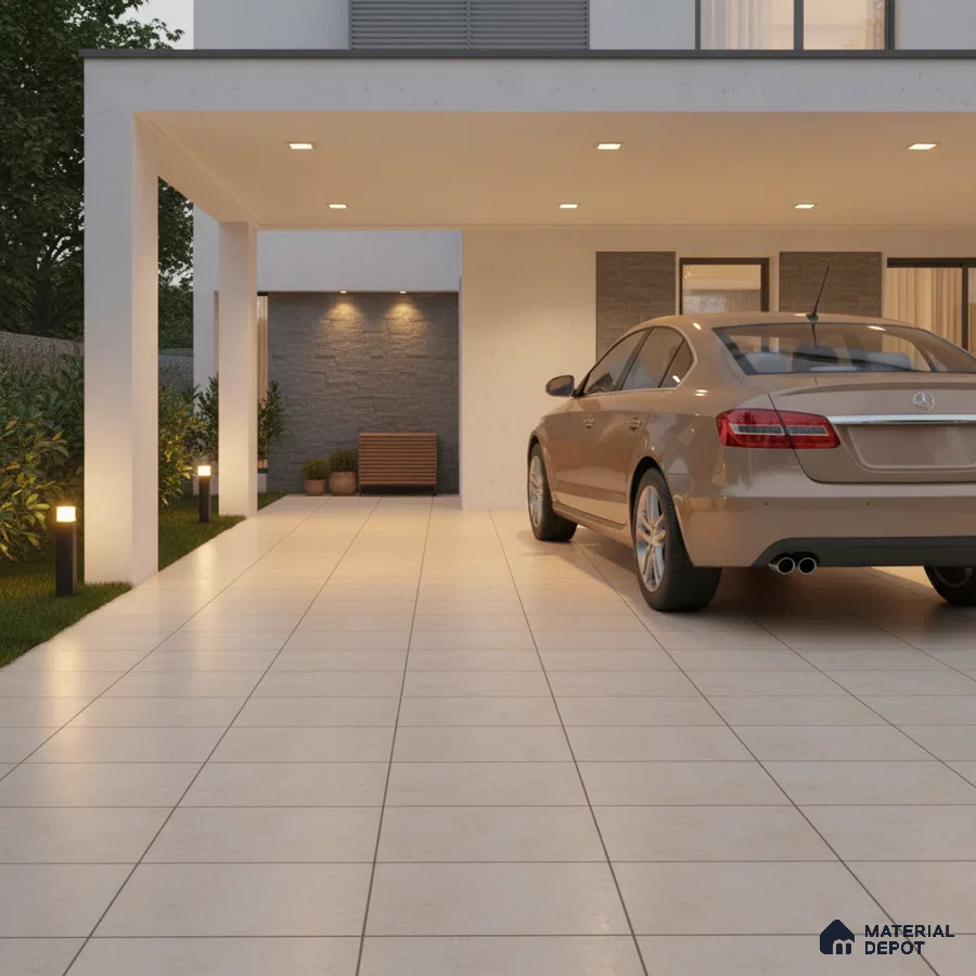 Modern parking with large beige floor tiles and grey stone cladding accent wall
