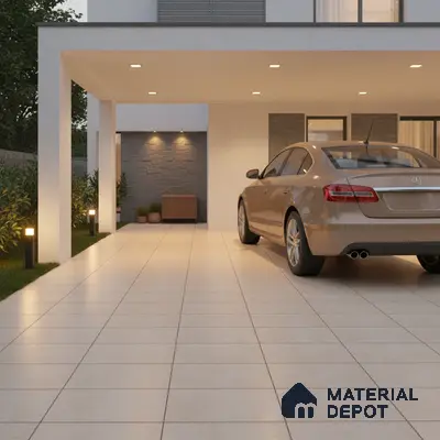Modern parking with large beige floor tiles and grey stone cladding accent wall