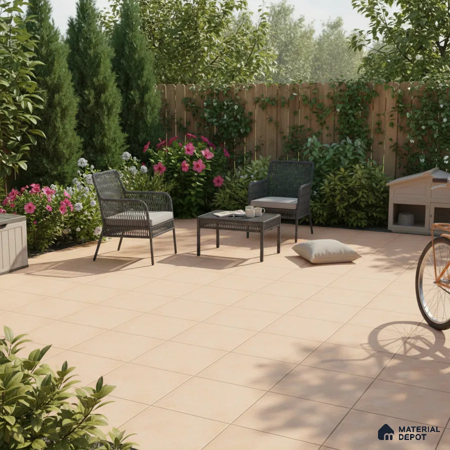 Modern outdoor patio with beige ceramic floor tiles and wicker furniture