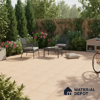 Modern outdoor patio with beige ceramic floor tiles and wicker furniture
