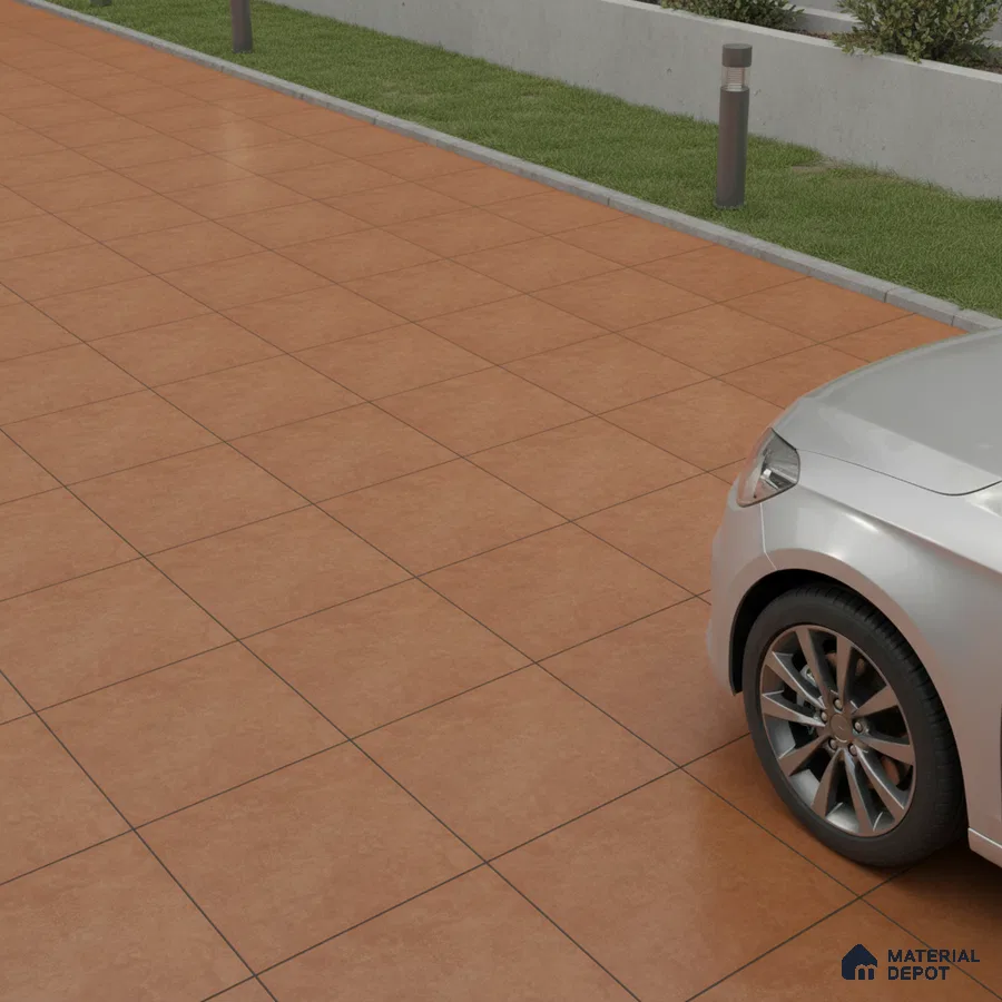 Modern parking area with terracotta matte floor tiles