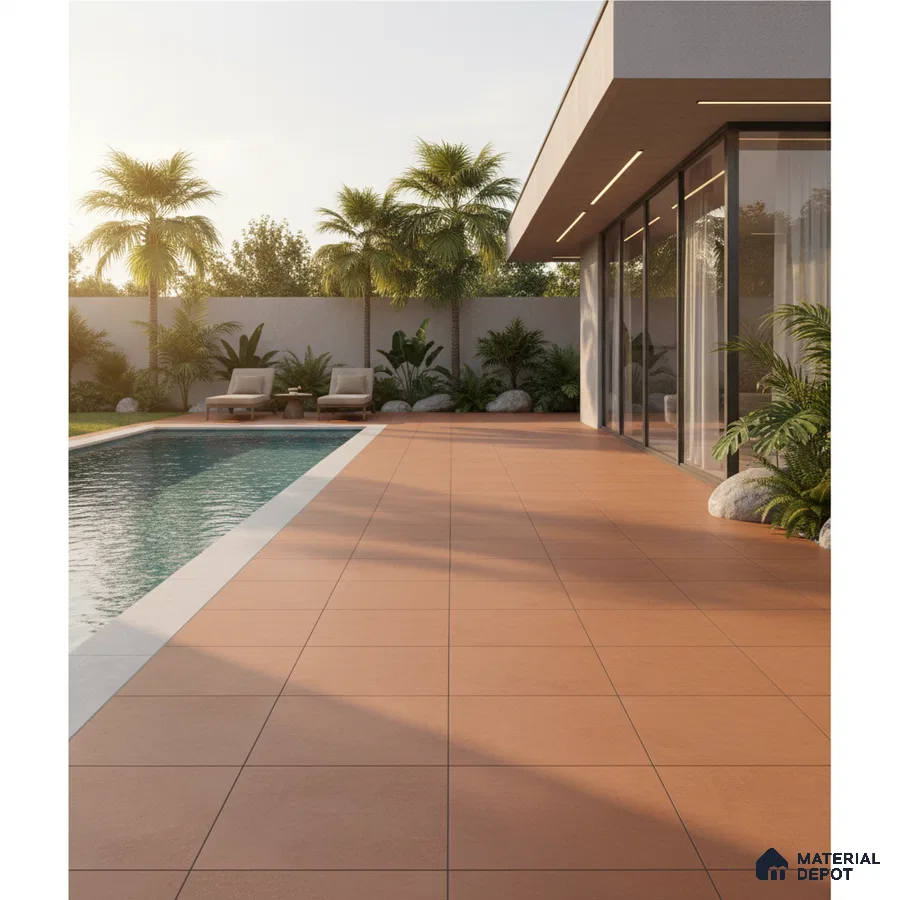 Modern outdoor space with terracotta floor tiles and poolside patio