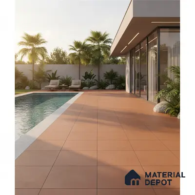 Modern outdoor space with terracotta floor tiles and poolside patio