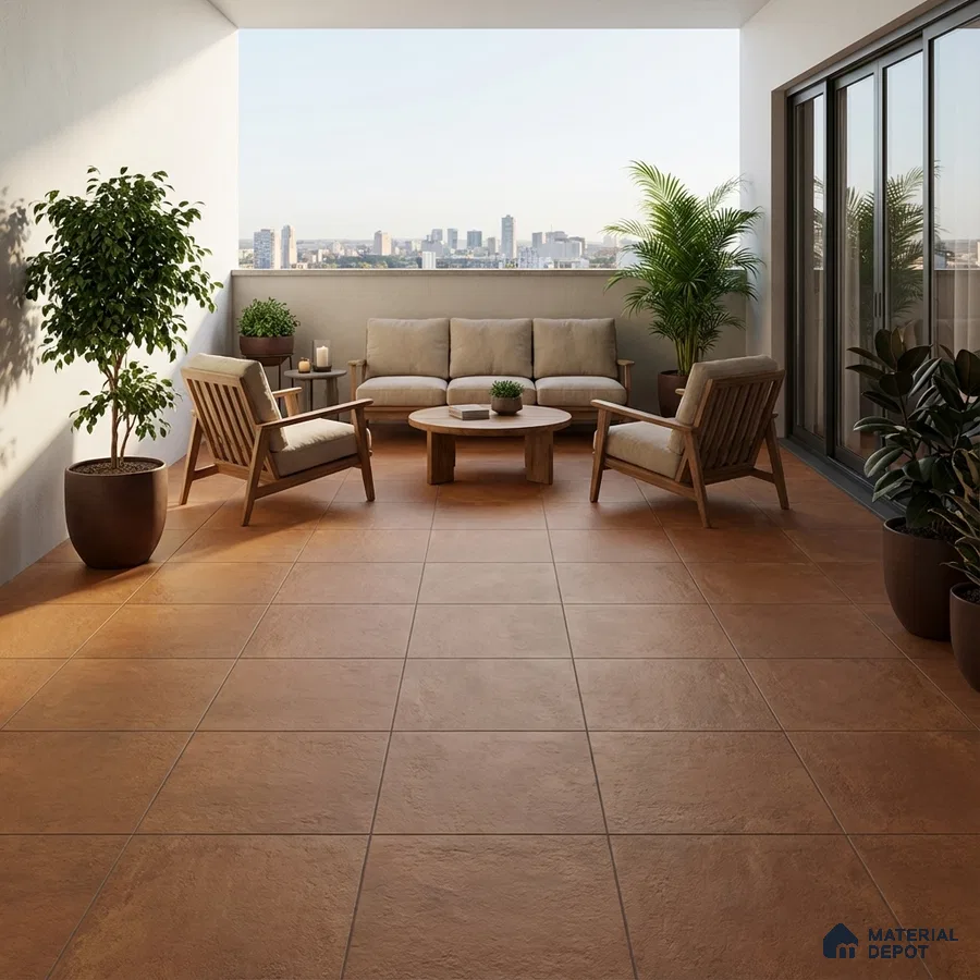 Scandinavian balcony with terracotta floor tiles and natural wood outdoor furniture