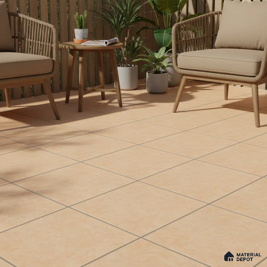 Scandinavian balcony with beige ceramic floor tiles and wooden louver railing
