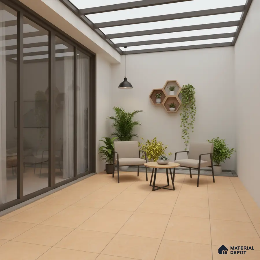 Minimalist balcony with beige floor tiles and modern outdoor seating