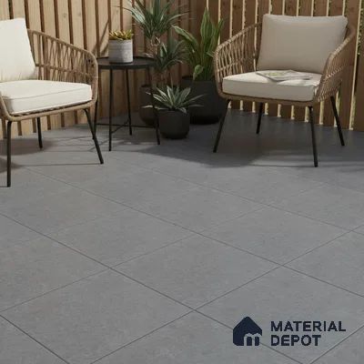 Scandinavian outdoor seating with grey stone-look floor tiles and natural wood louver panels