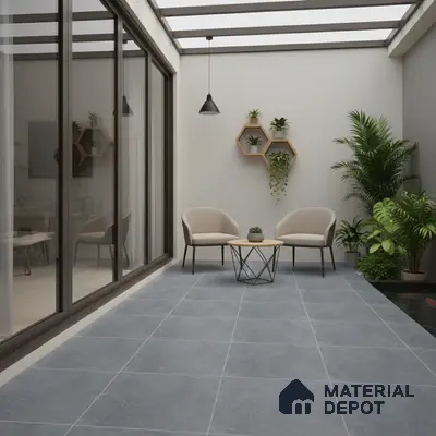 Modern balcony with grey stone floor tiles and minimalist decor