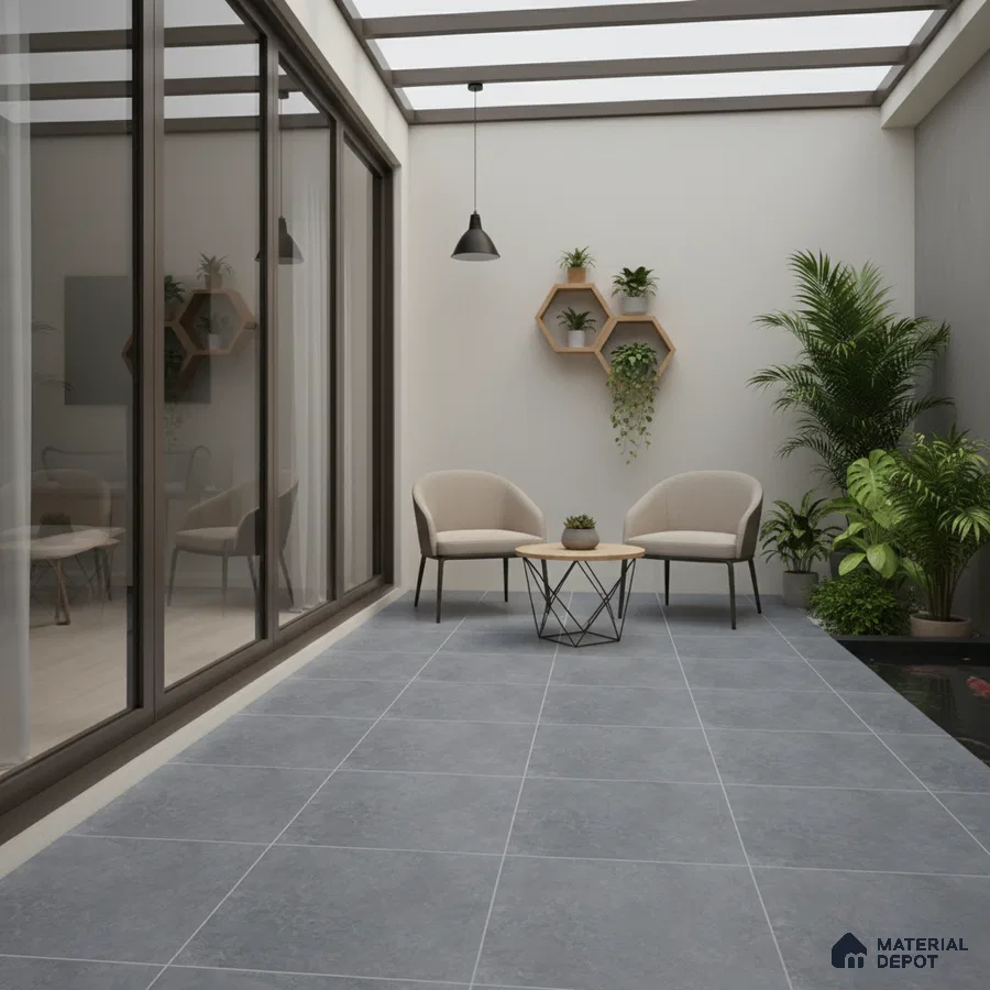 Modern balcony with grey stone floor tiles and minimalist decor