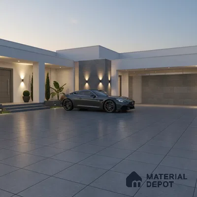 Modern parking with large grey matte floor tiles and stone cladding accent wall