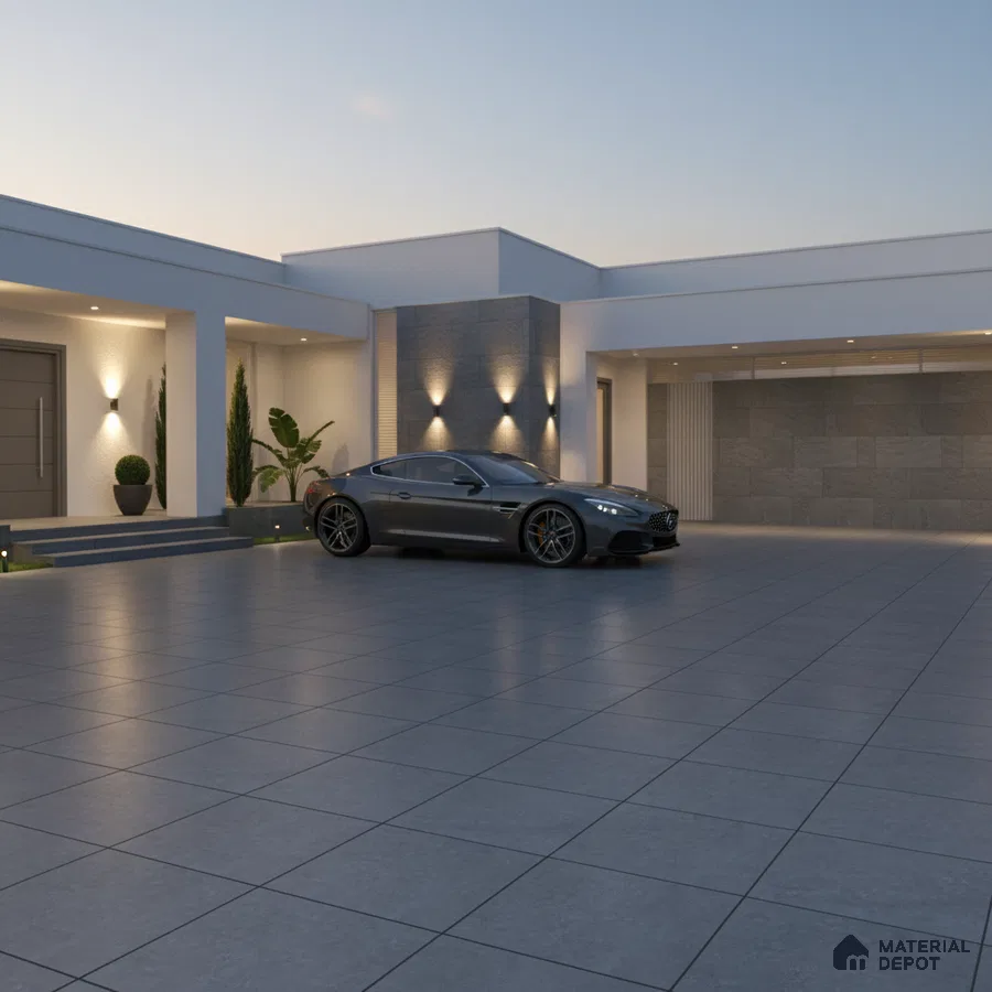 Modern parking with large grey matte floor tiles and stone cladding accent wall