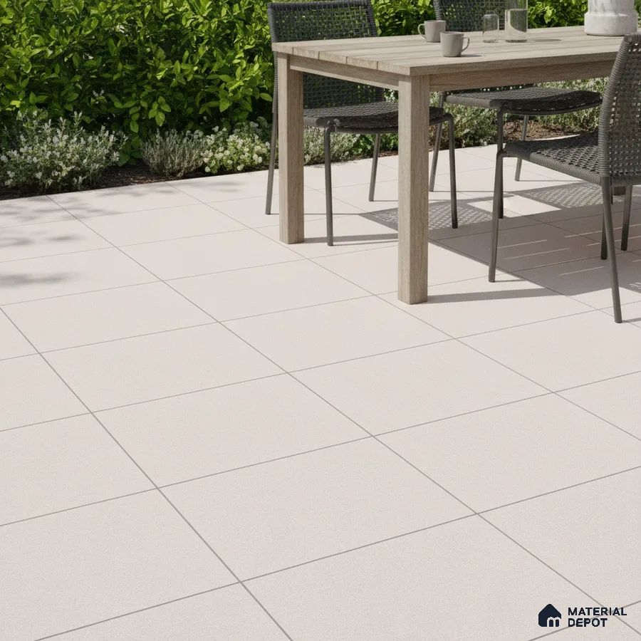 Minimalist outdoor patio with matte white floor tiles and natural wood dining set